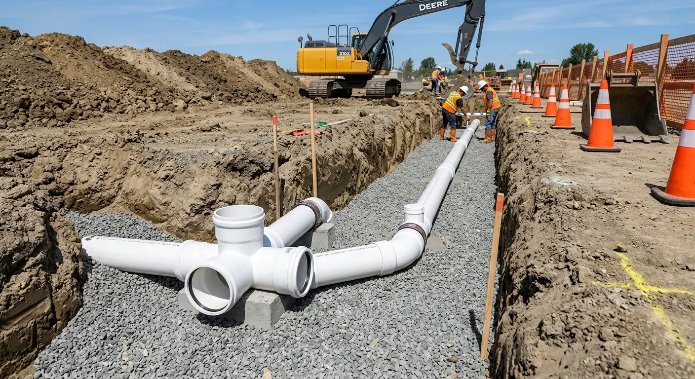 New PVC sewer pipe installation in open trench for Sewer Backup in Ellenton