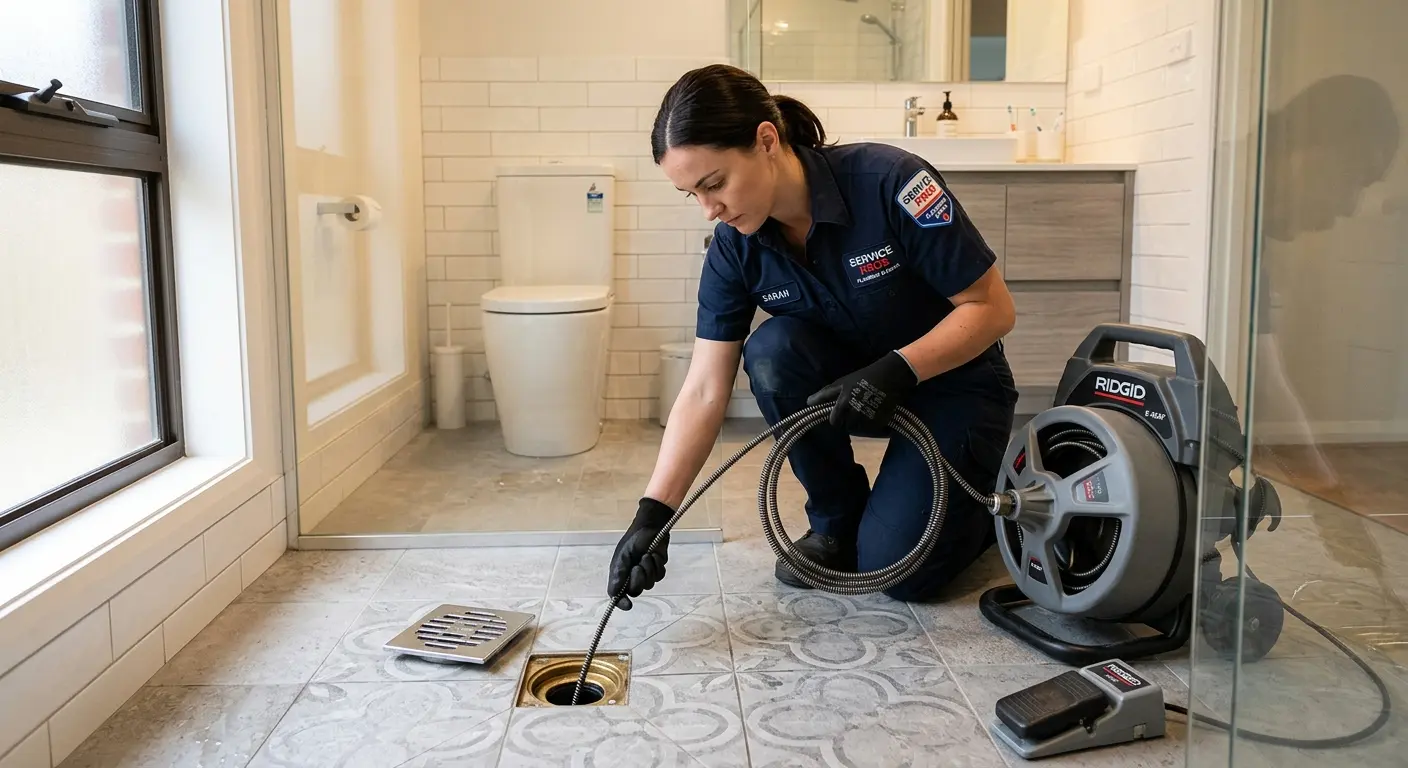 Technician clearing a bathroom floor drain for Sewer Line Installation in Ellenton